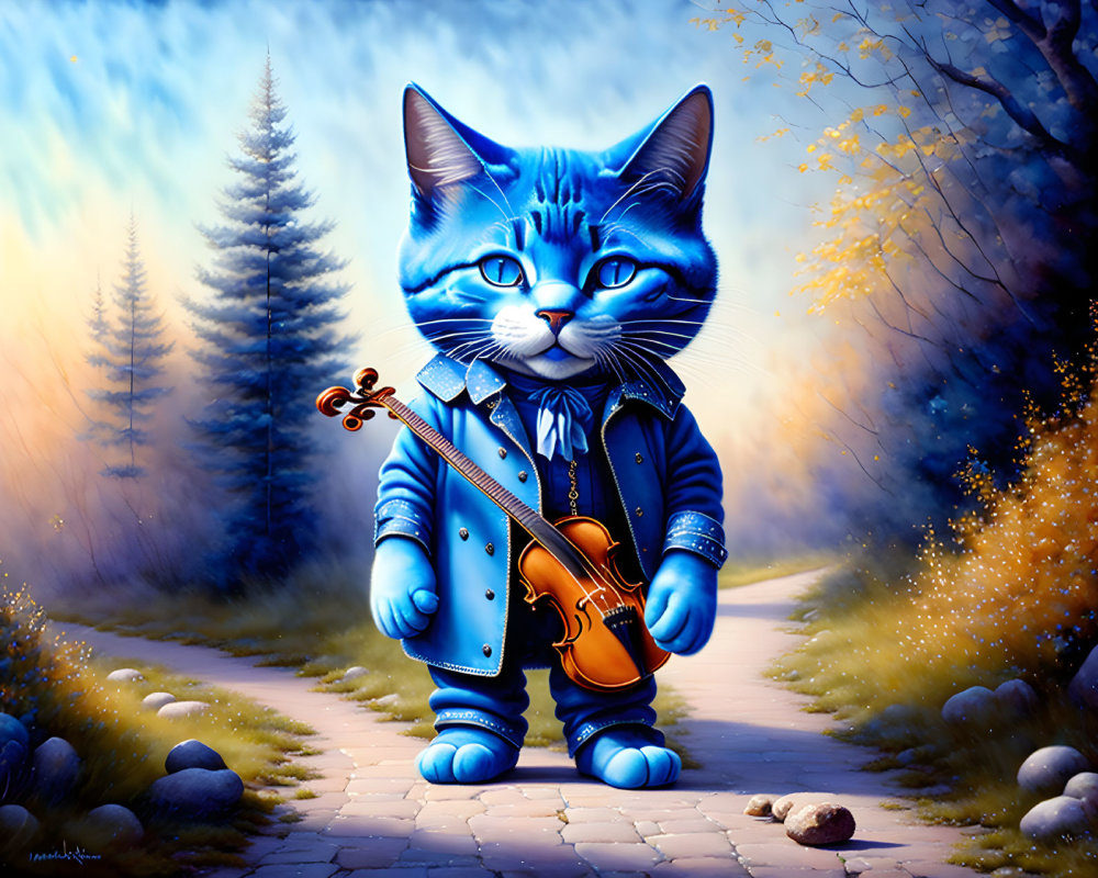 Blue cat in suit holding violin on forest path with sparkling light