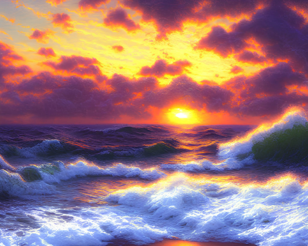 Vibrant orange-purple sunset over tumultuous sea with dramatic clouds