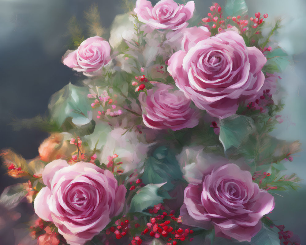 Detailed digital painting of lush pink roses and red berries on soft green foliage.