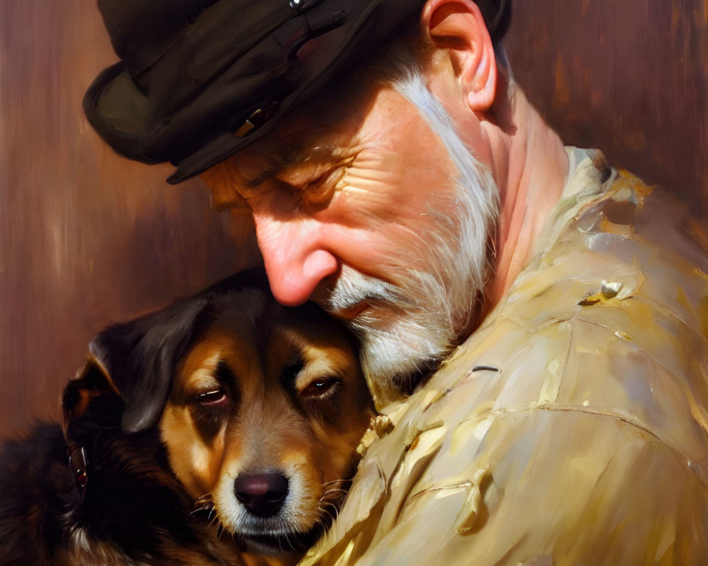 Emotive painting: Older man in cap with brown and black dog in affectionate embrace