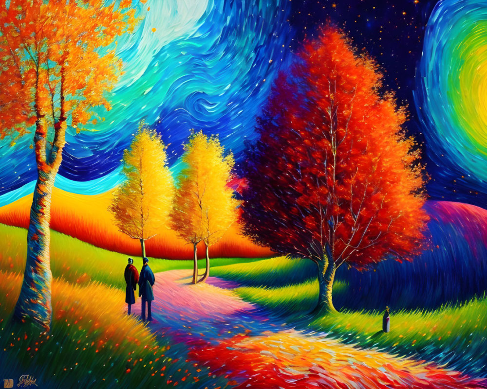 Colorful painting of two figures in swirling landscape
