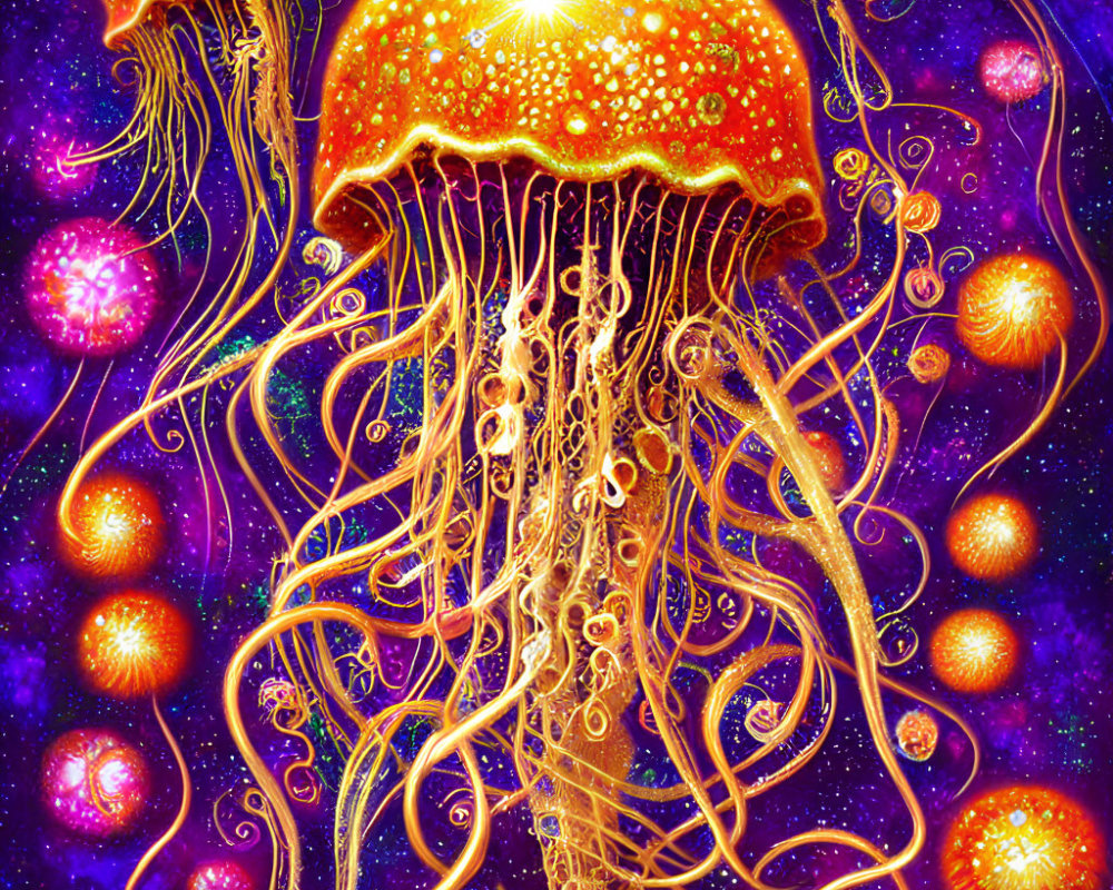 Colorful jellyfish and cosmic orbs in deep-purple space.
