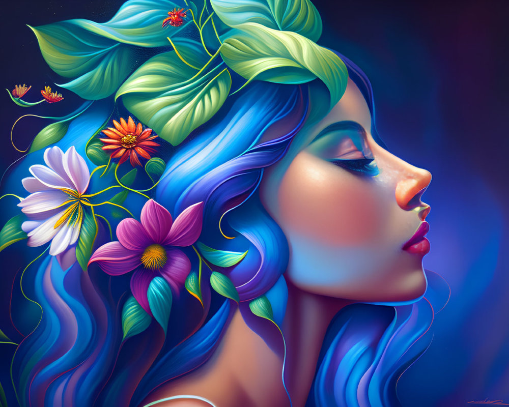 Blue-skinned woman with floral hair on dark background