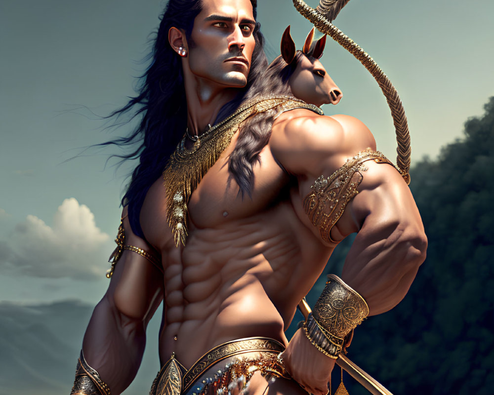 Muscular animated character in golden armor with horned horse under cloudy sky