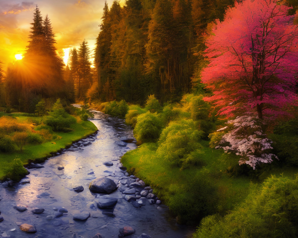 Serene river at sunset with pink and white blossoming trees