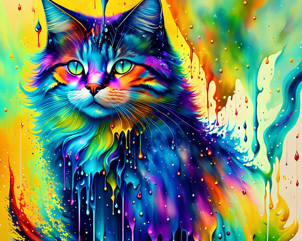 Colorful Psychedelic Cat Portrait with Melting Effects on Yellow Background