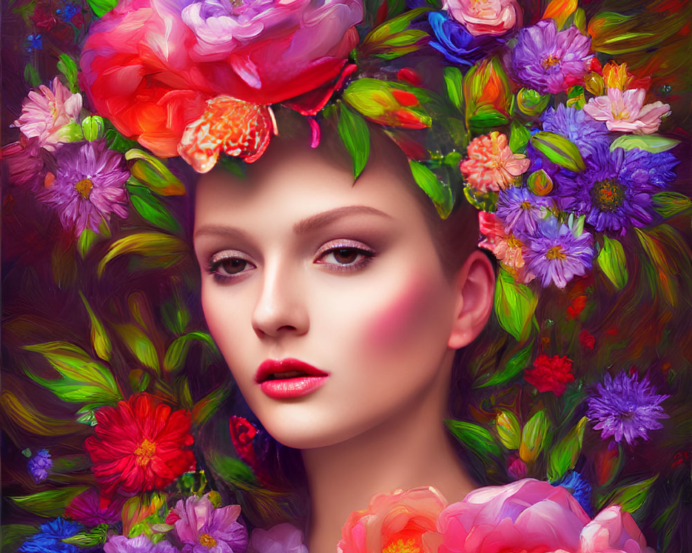 Vibrant Woman with Multicolored Floral Crown and Lush Flower Surroundings