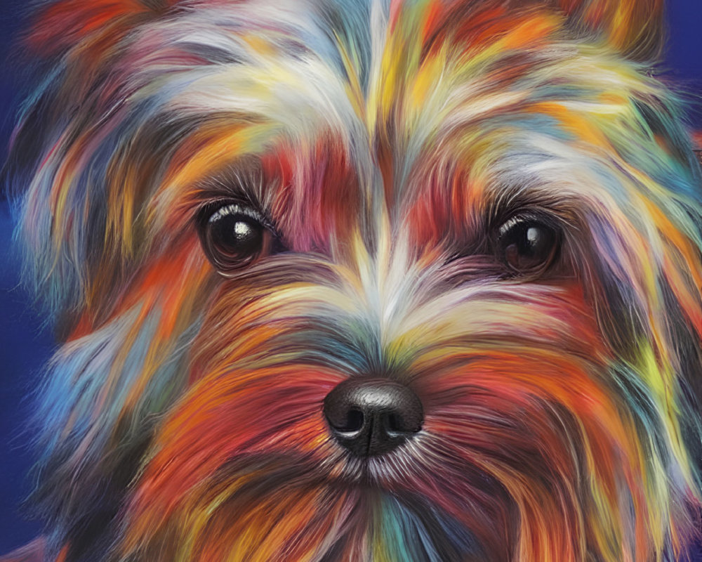 Colorful Yorkshire Terrier portrait with blue, orange, and pink fur coat on blue backdrop