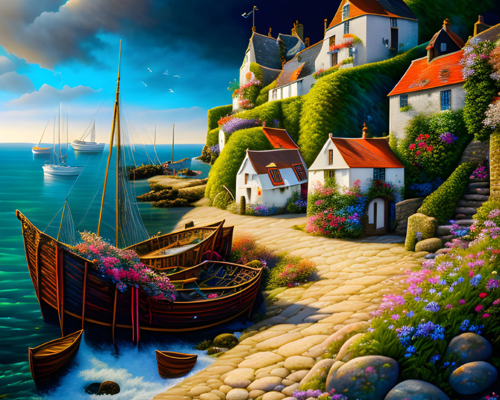 Picturesque Seaside Village with Colorful Cottages and Cobblestone Paths