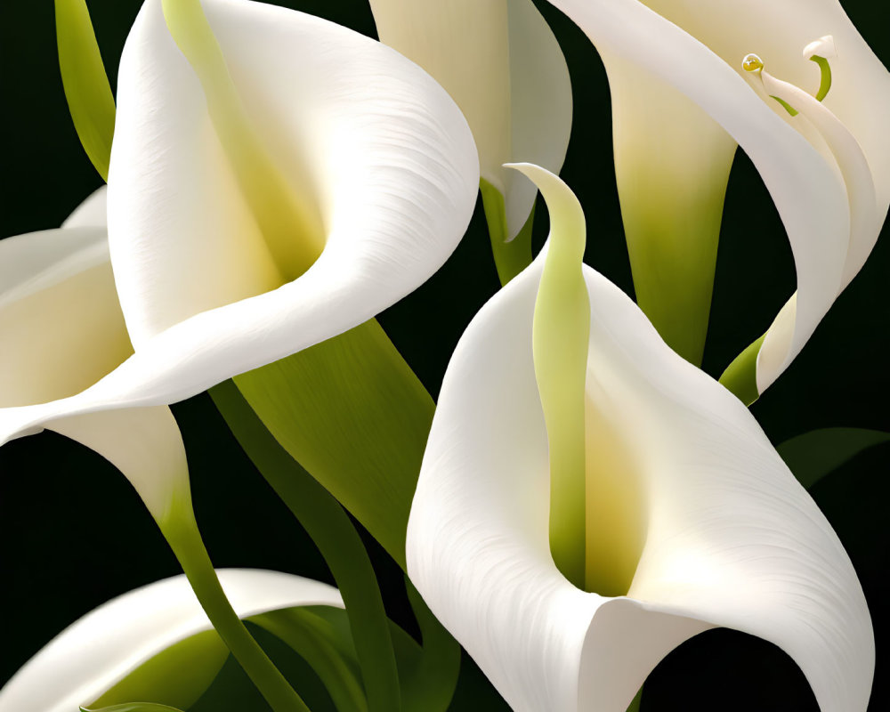 Close-up White Calla Lilies with Smooth Petals on Dark Background