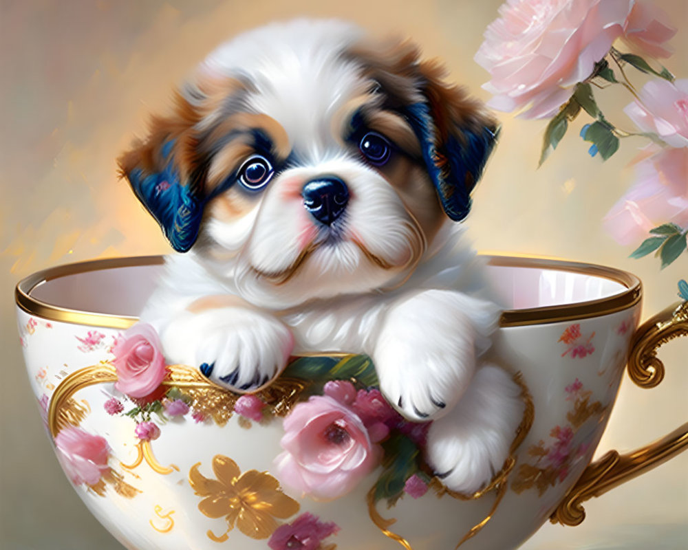 Fluffy puppy with blue eyes in ornate teacup with pink flowers and gold accents