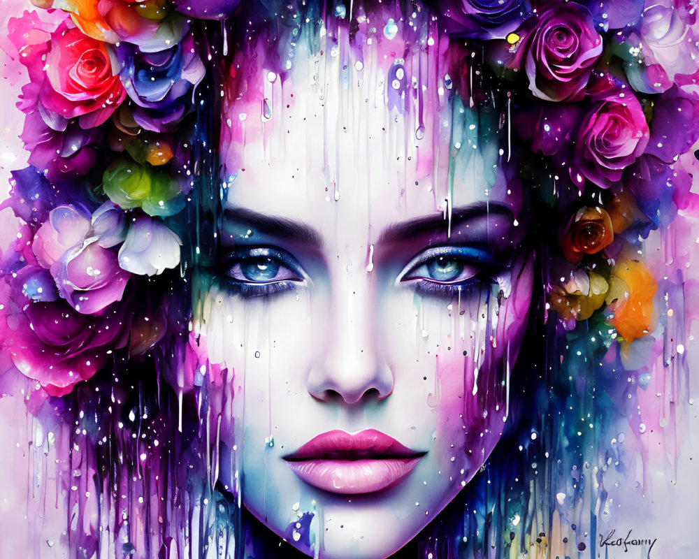 Colorful digital portrait of a woman with blue eyes and floral hair decor.