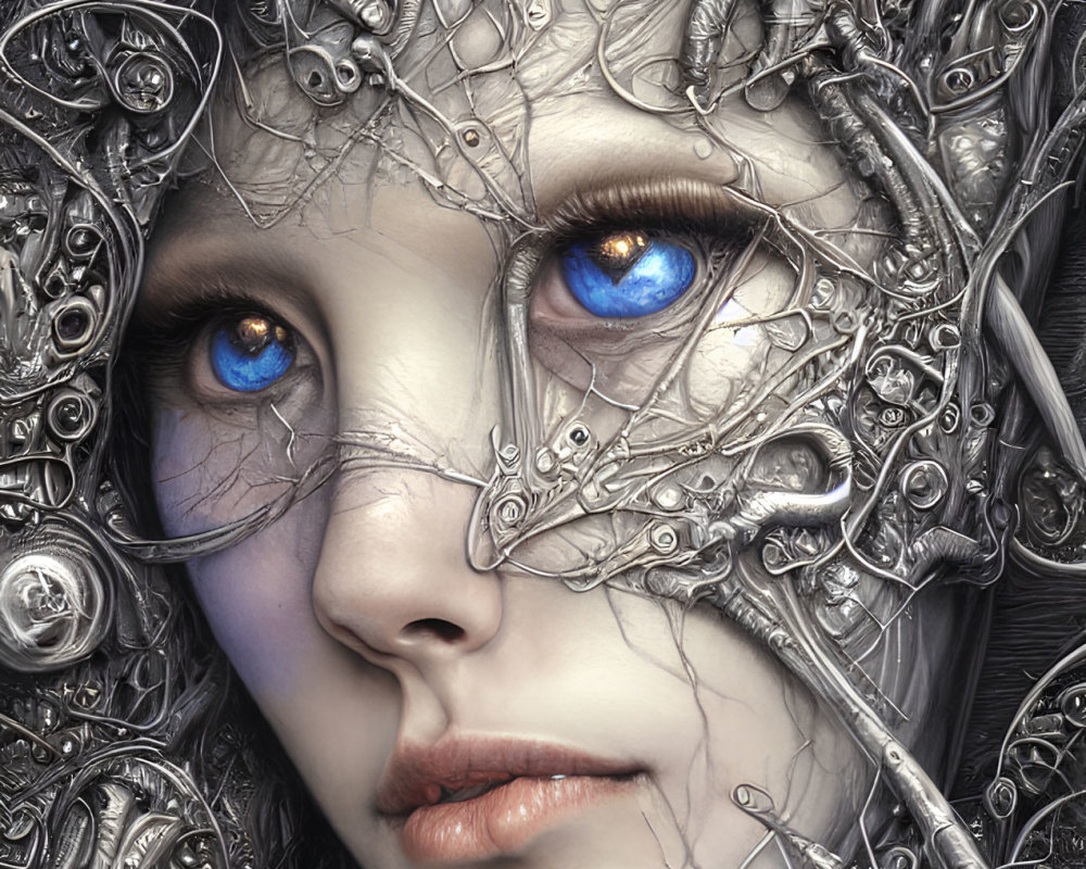 Detailed Close-Up of Surreal Humanoid Face with Metallic Patterns and Blue Eyes