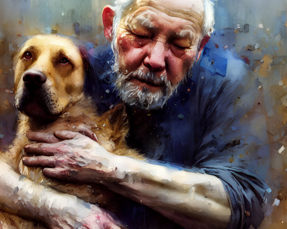 Elderly man embracing loyal dog with eyes closed