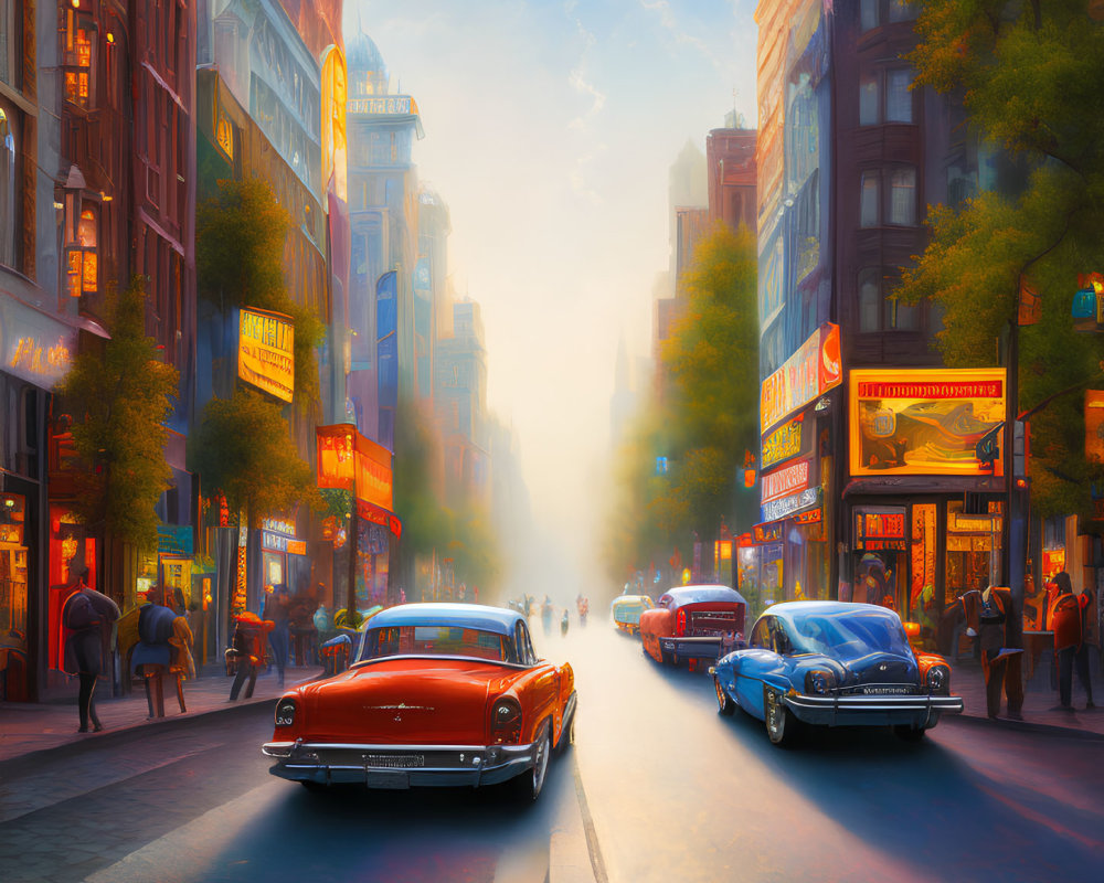 Retro cars and pedestrians in vibrant street scene at sunset
