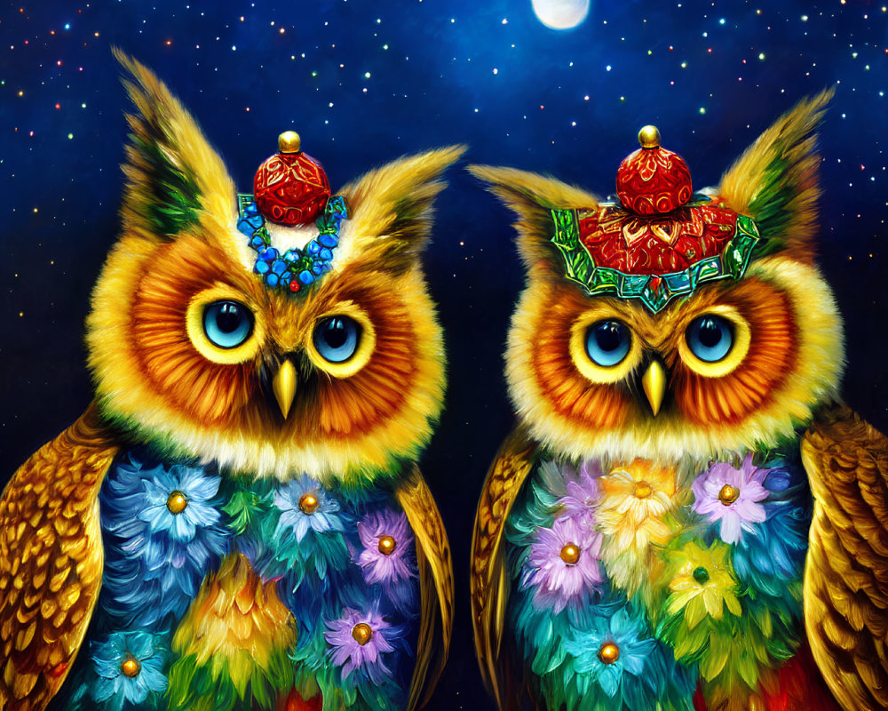 Colorful Owls with Decorated Hats on Starry Night Background