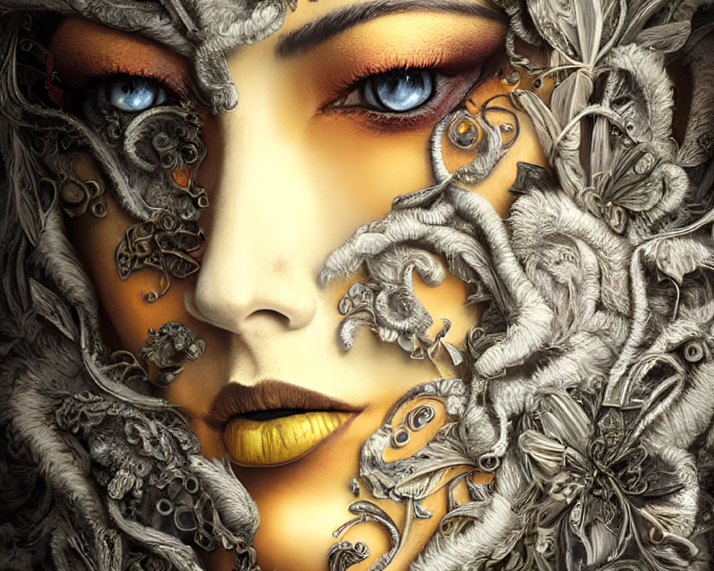 Digital artwork: Woman's face with metallic floral patterns.
