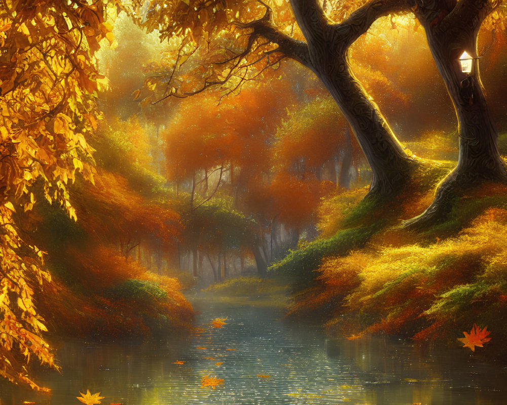 Ethereal autumn landscape with golden leaves, serene river, glowing streetlamps, majestic trees