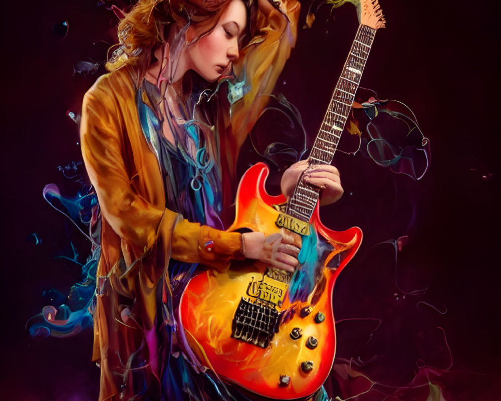 Person with Crown Playing Electric Guitar in Vibrant Swirling Colors