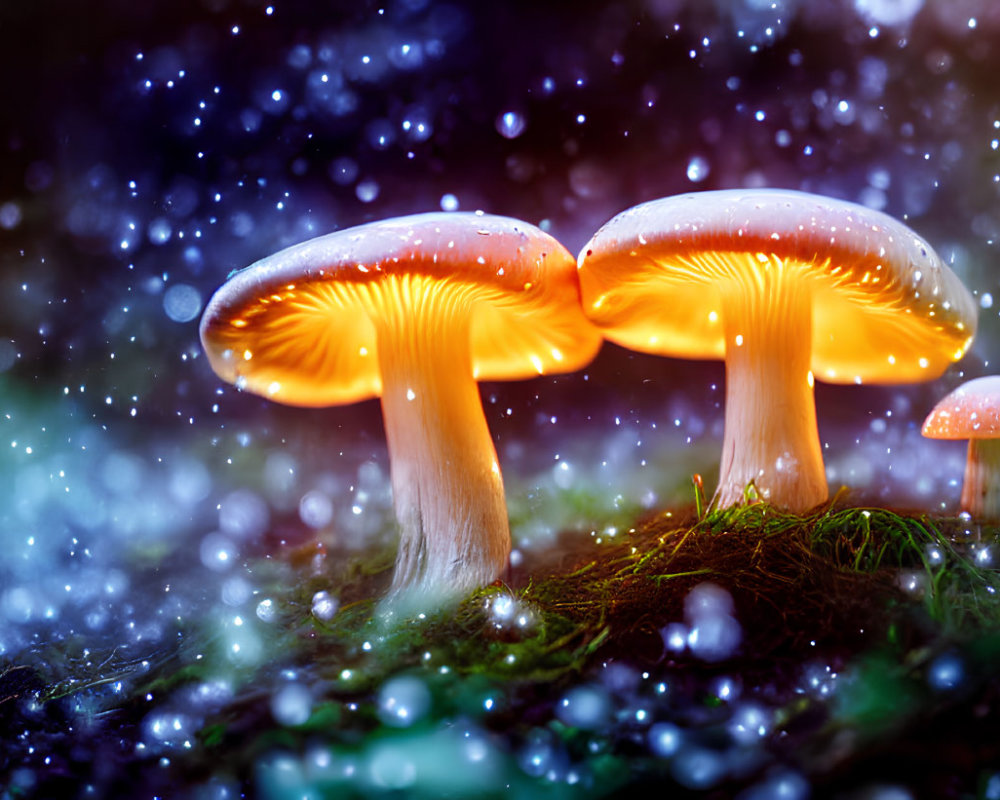 Bioluminescent mushrooms in mossy forest under starry sky