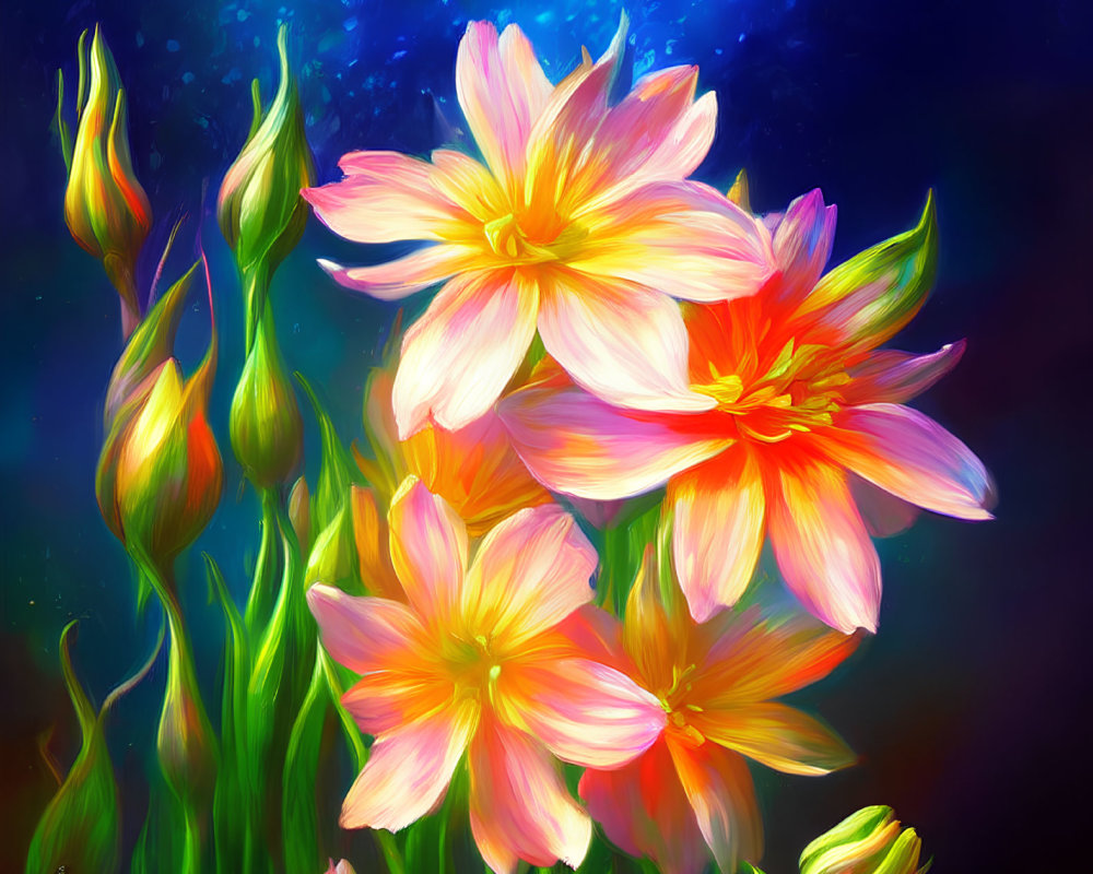 Colorful digital artwork: Blooming flowers against cosmic background