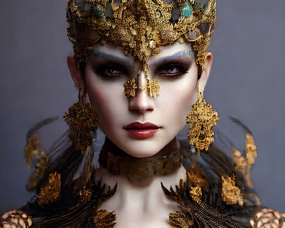 Woman in Ornate Golden Headdress, Matching Earrings, and Bold Makeup