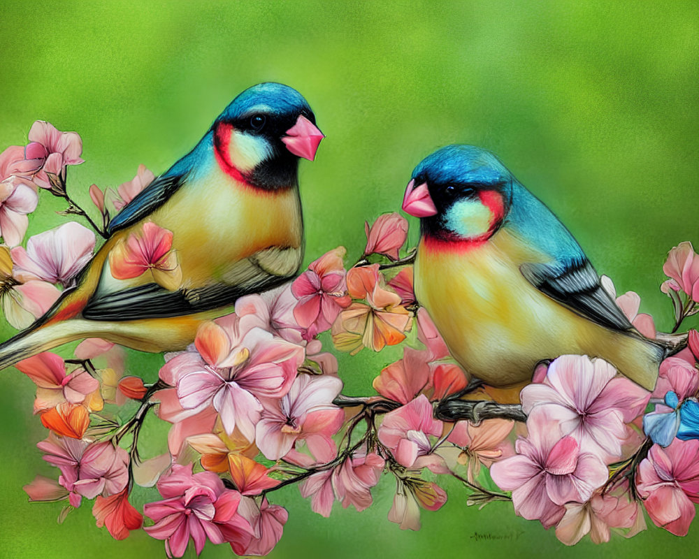 Colorful birds on branch with pink flowers in green background