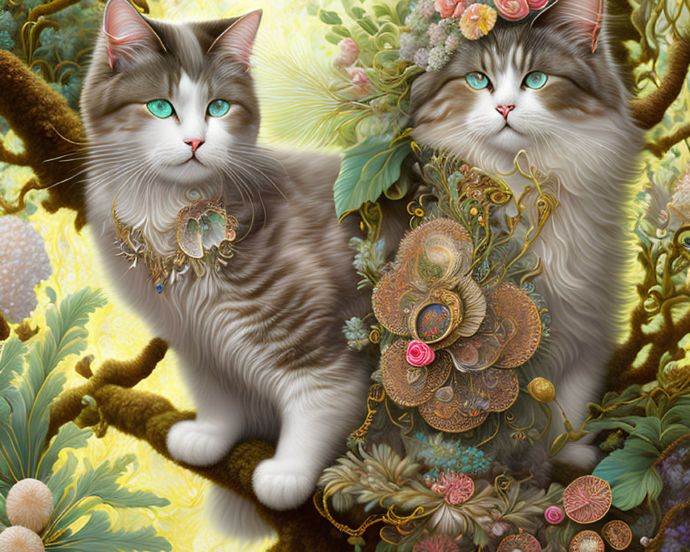 Ornately Decorated Fluffy Cats with Green Eyes in Floral Setting