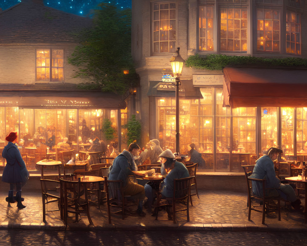 Warmly Lit Street Cafe Scene with Outdoor Dining and Person in Red Hat