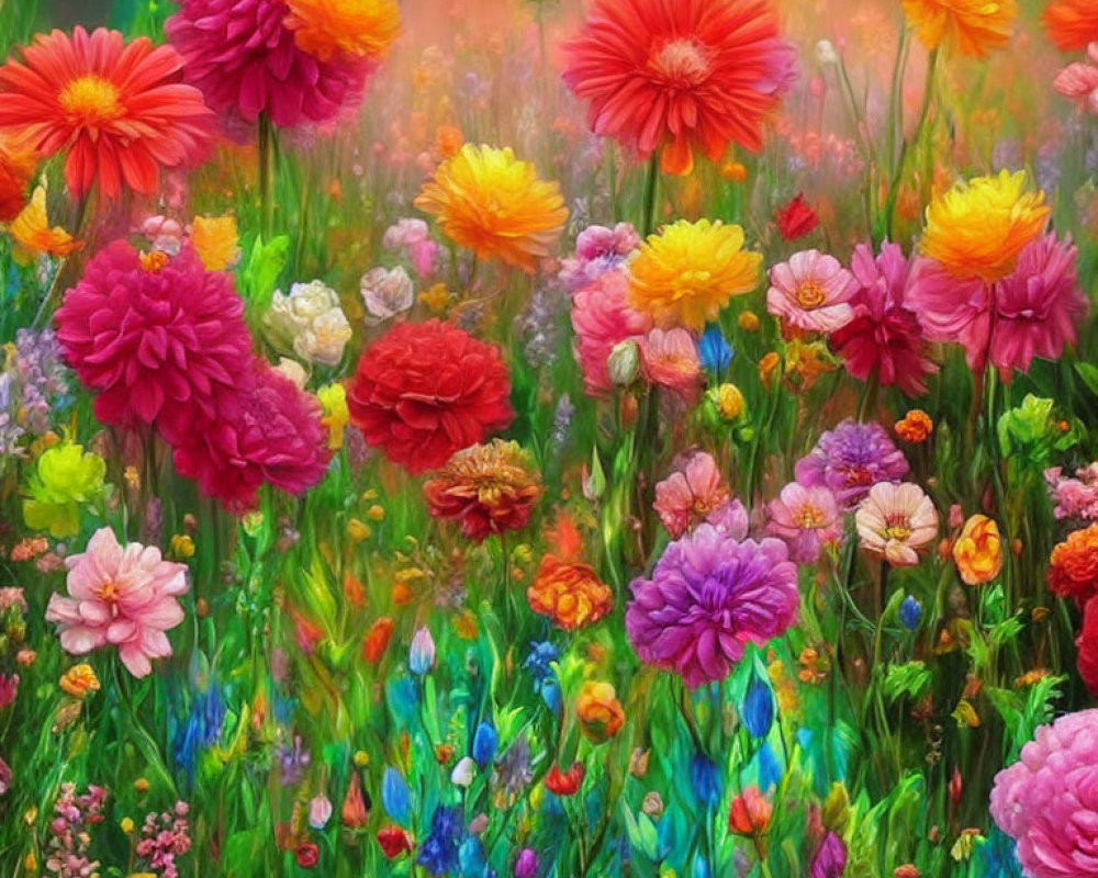 Colorful Flower Field Painting with Red, Pink, Purple, White, and Orange Blooms
