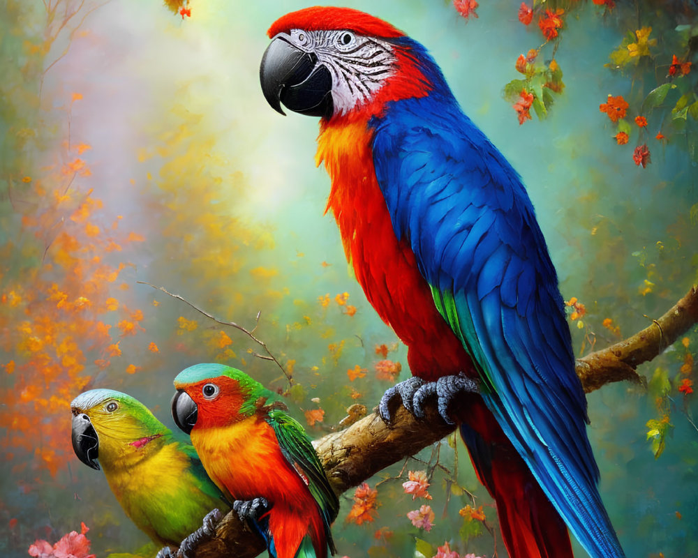 Colorful parrots on branch with flowers: blue, red, green, orange
