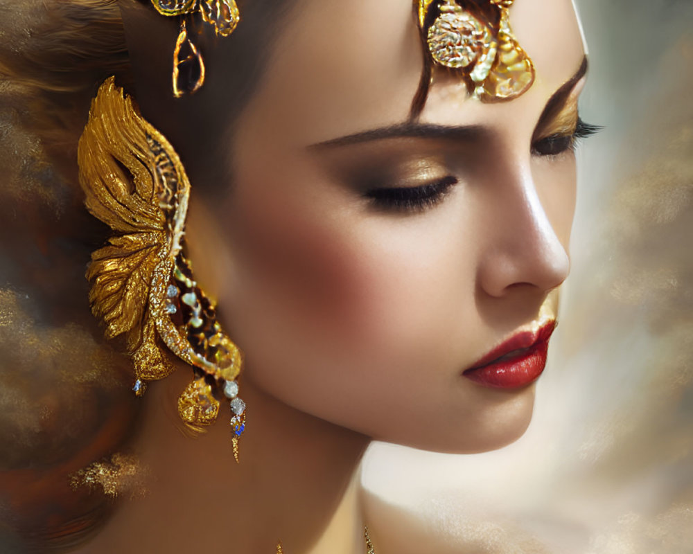 Elaborate Golden Jewelry Adorns Woman in Portrait