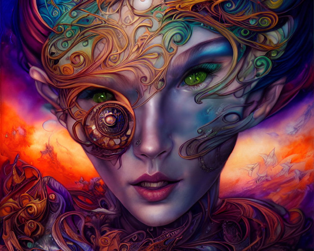 Colorful digital artwork of female figure with ornate swirling hair and mechanical eye