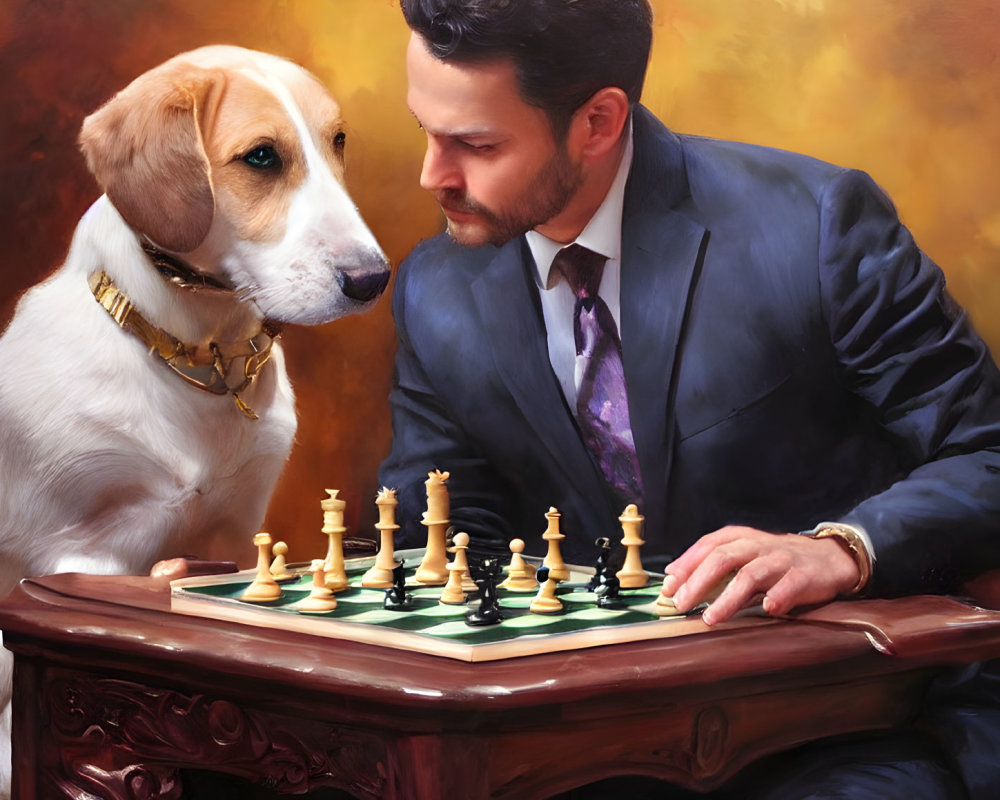 Man in blue suit plays chess with focused dog on amber backdrop
