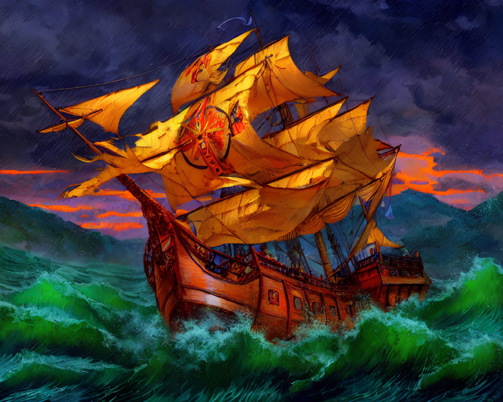 Illustration of grand sailing ship with orange sails in stormy sea.