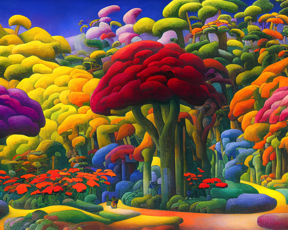 Colorful Fantasy Forest with Oversized Mushroom-like Trees and Path