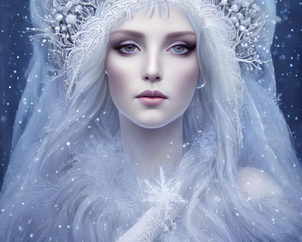Fantasy portrait of woman with icy blue eyes and white hair adorned with crystals