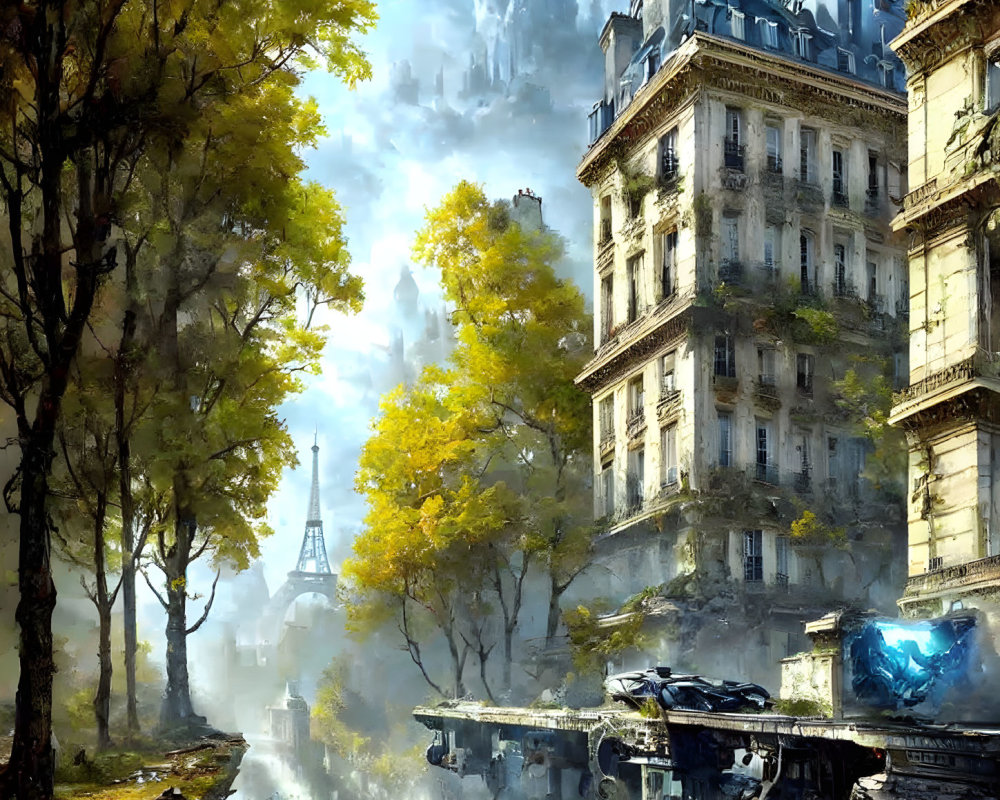 Overgrown trees and dilapidated buildings in futuristic cityscape.