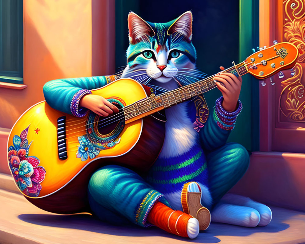 Blue and white anthropomorphic cat playing guitar in colorful attire