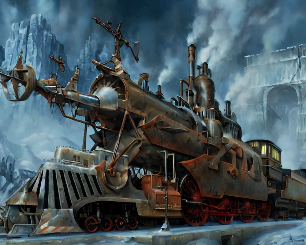 Elaborate Steampunk-Style Train in Snowy Mountain Landscape