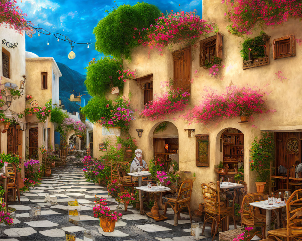 Picturesque cobblestone street with pink flowers, outdoor cafés, and blue sky