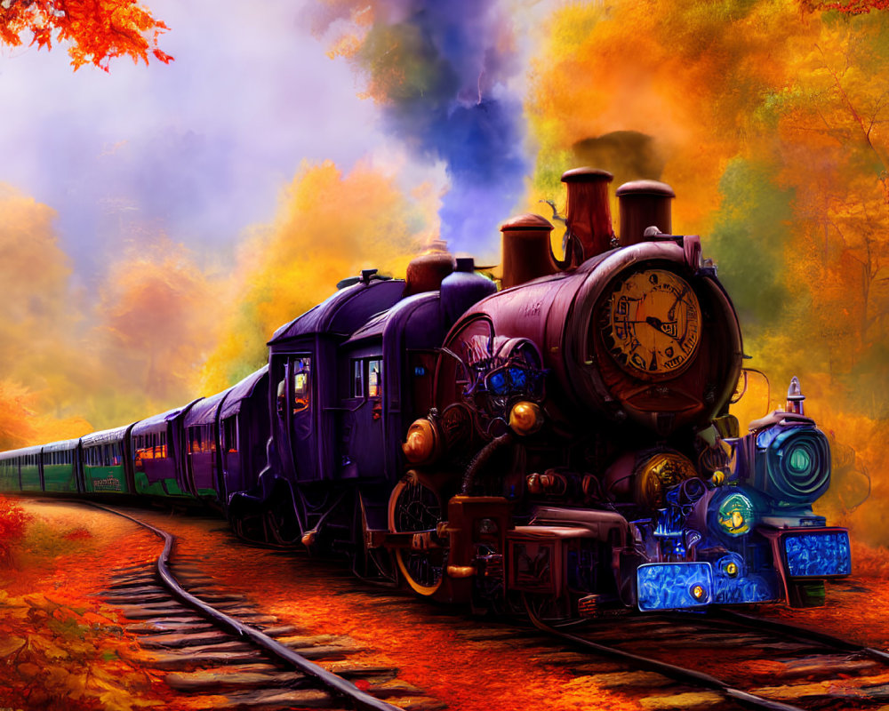 Colorful Digital Art: Vintage Steam Train in Purple and Blue, Amid Autumn Foliage