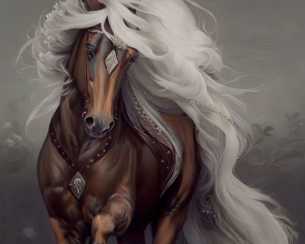 Majestic chestnut horse with white mane and elegant bridle on muted background