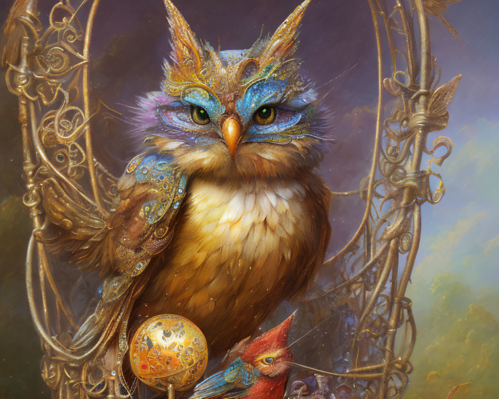Colorful Owl with Intricate Patterns Among Golden Baubles