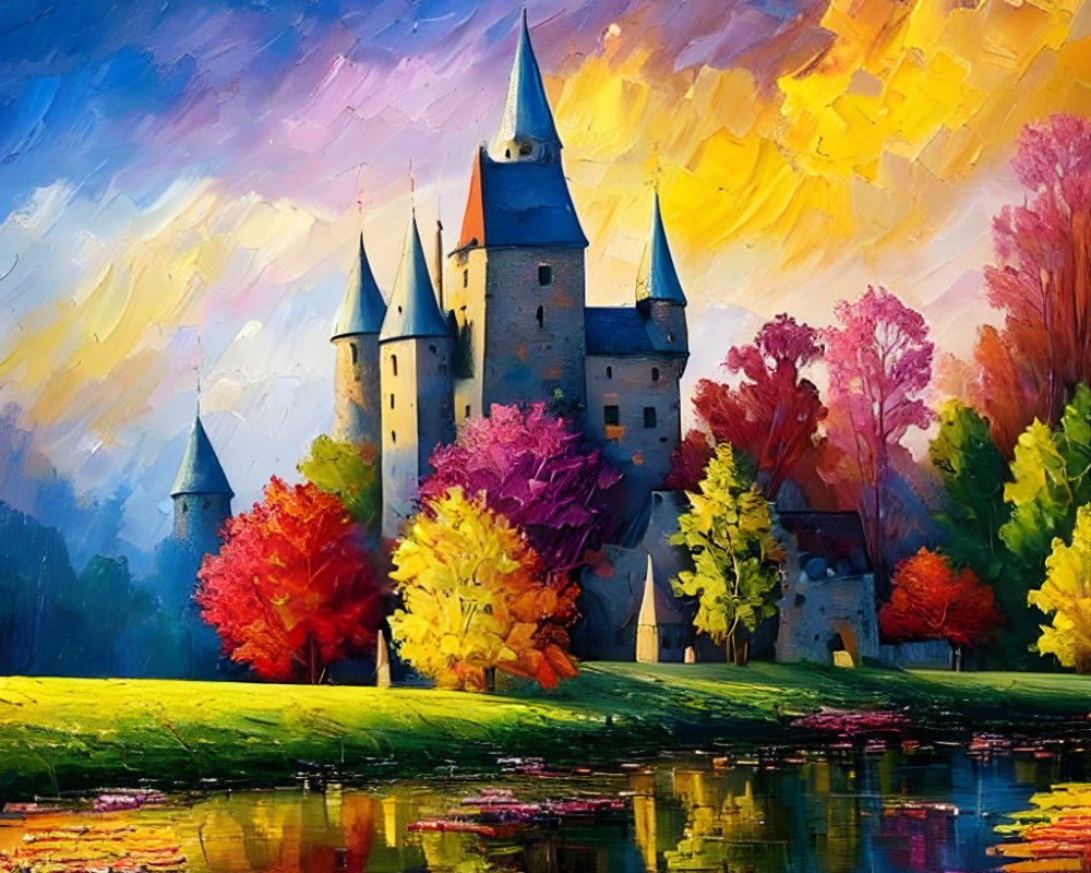 Vibrant painting of castle in autumn landscape by tranquil lake