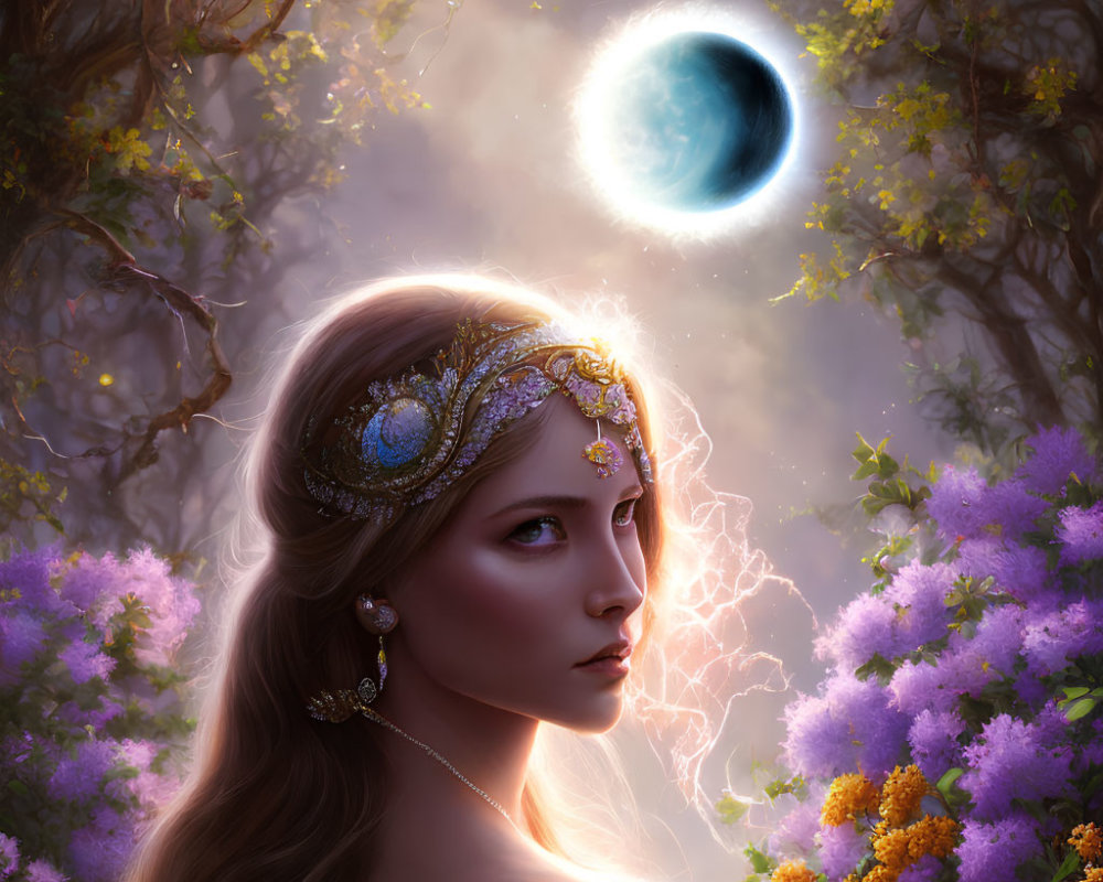 Woman with jeweled headpiece gazes at glowing eclipse in fantastical landscape