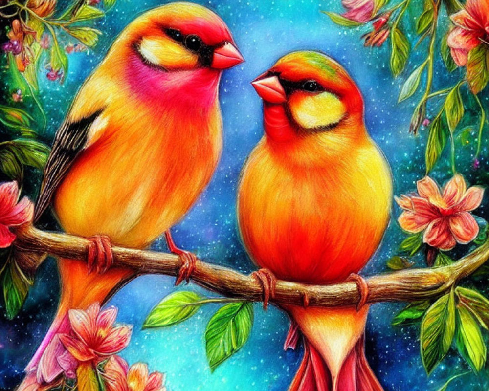 Vibrant Birds Perched on Branch Among Lush Flowers