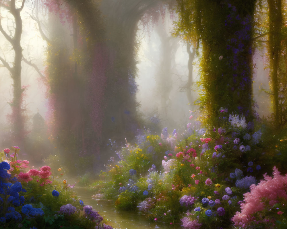 Mystical forest with sunlight, colorful flowers, and winding vines