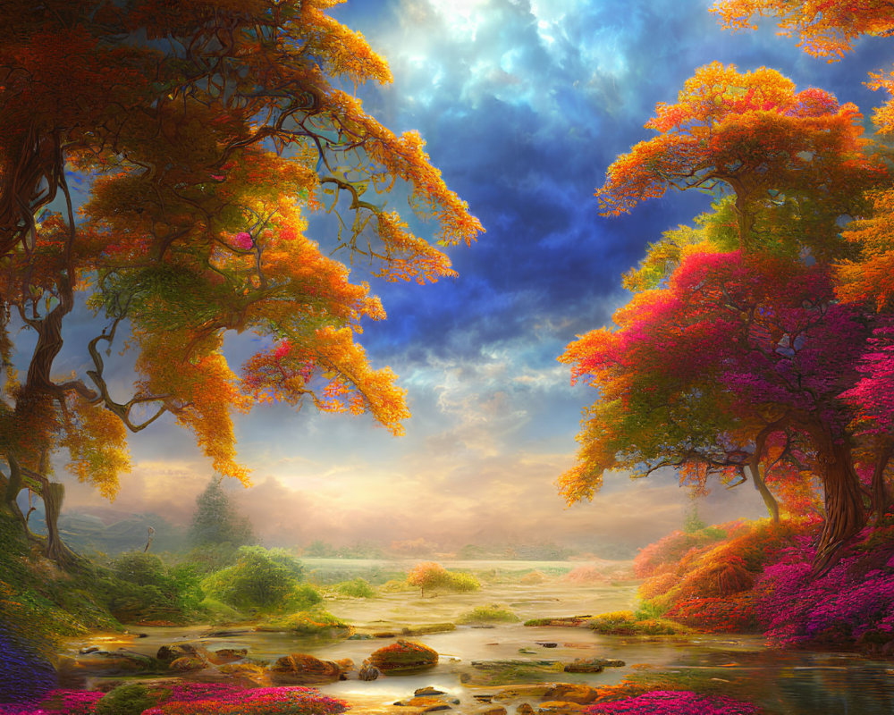 Colorful Autumn Landscape with River and Sunlit Clearing