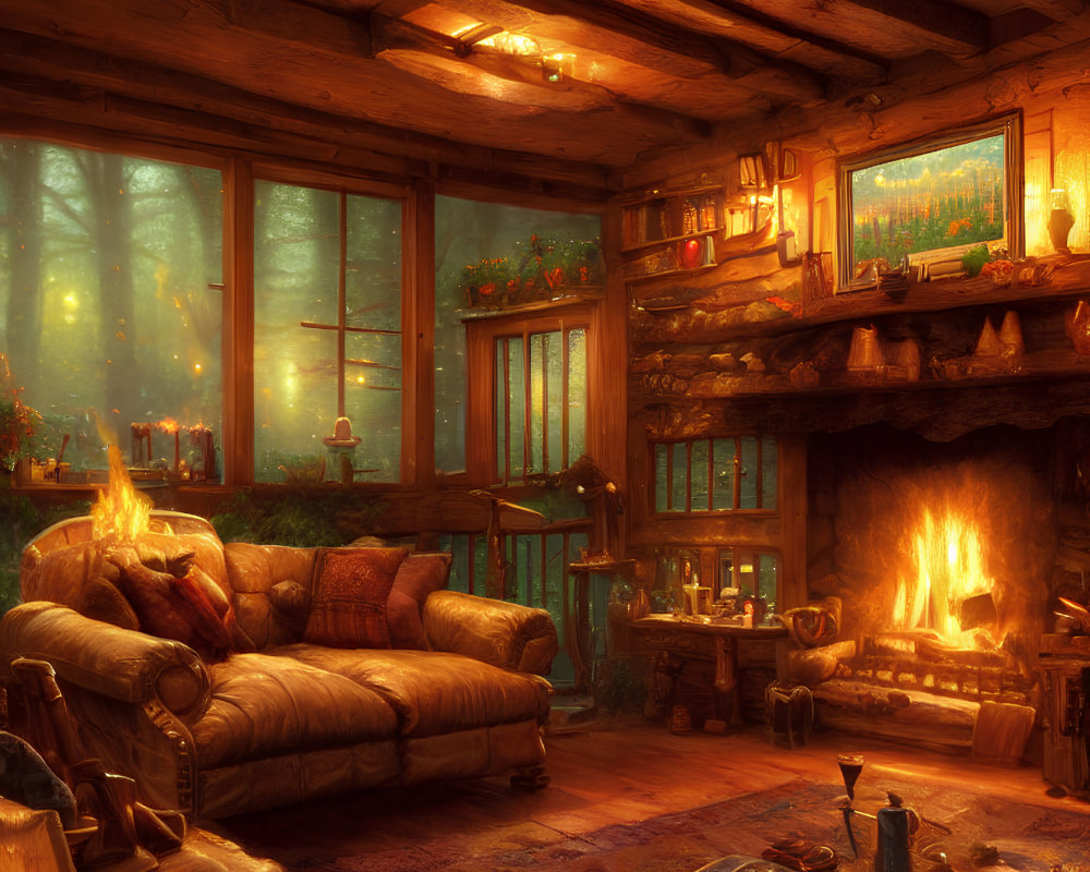 Warm Fireplace & Plush Sofas in Cozy Cabin Interior